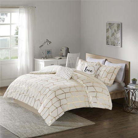 Intelligent Design ID12-1511 Metallic Printed Duvet Cover Set - Ivory & Gold; Full & Queen Size